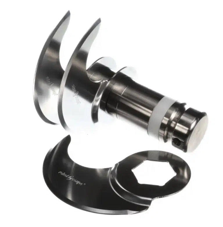 A set of shiny, stainless steel Robot Coupe blade assembly components, featuring sharp, curved edges and a cylindrical base, displayed on a white background. The reflective pieces are separated for clear visibility.