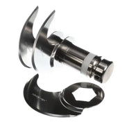 A set of shiny, stainless steel Robot Coupe blade assembly components, featuring sharp, curved edges and a cylindrical base, displayed on a white background. The reflective pieces are separated for clear visibility.