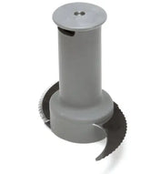 A gray plastic cylindrical BLIXER 3 food processor attachment with a fine serrated edge on its two curved, sharp metal blades. The central column features a slot and small round hole, designed to fit securely as an "S" Blade Assembly for chopping or slicing.