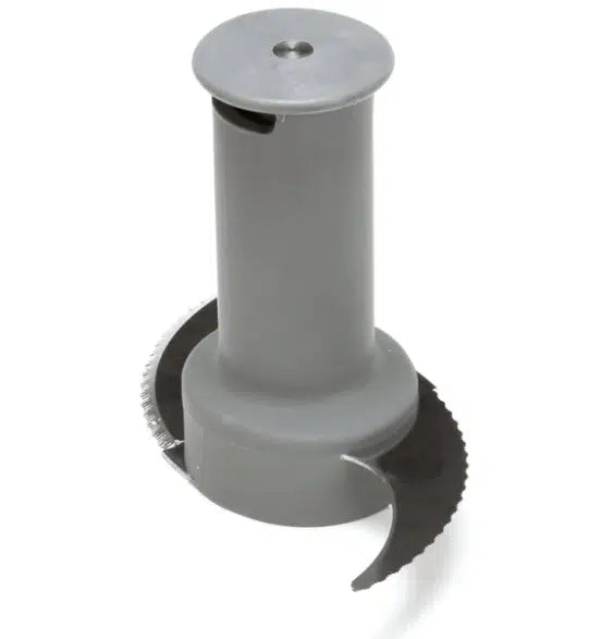 A gray plastic cylindrical BLIXER 3 food processor attachment with a fine serrated edge on its two curved, sharp metal blades. The central column features a slot and small round hole, designed to fit securely as an "S" Blade Assembly for chopping or slicing.