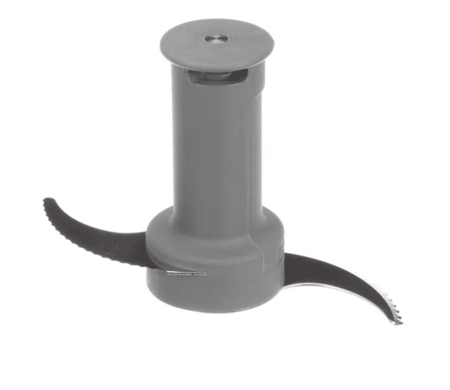 A gray plastic "S" Blade Assembly with two curved, sharp metal blades featuring a coarse serrated edge extends from opposite sides near the base. The central cylindrical shaft ensures secure attachment inside a BLIXER 3 food processor.