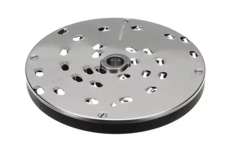 A shiny, round metal Grating Disc with multiple oval and circular holes arranged in a pattern. The 7mm Robot Coupe disc features a raised cylindrical hub at the center and a reflective finish, making it ideal as a mechanical or industrial component.