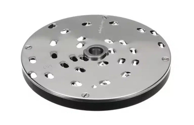 A shiny, round metal Grating Disc with multiple oval and circular holes arranged in a pattern. The 7mm Robot Coupe disc features a raised cylindrical hub at the center and a reflective finish, making it ideal as a mechanical or industrial component.