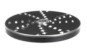 A round, black metal grating disc by Robot Coupe with sharp, raised blades and multiple holes arranged in rows. Designed for 5mm slicing or shredding, it features a central hole for easy attachment to a food processor.