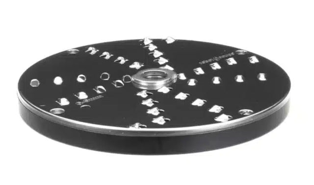 A round, black metal grating disc by Robot Coupe with sharp, raised blades and multiple holes arranged in rows. Designed for 5mm slicing or shredding, it features a central hole for easy attachment to a food processor.