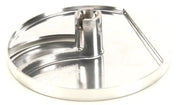 A shiny, round metal disc with a raised central hub and a slot for attachment. This 5mm Slicing Disc features a smooth, segmented design and is likely a Robot Coupe accessory for food processors or kitchen appliances.