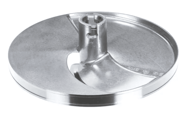 A shiny, round Robot Coupe slicing disc with a central plastic mount and an open, curved cutting slot creates precise 14mm slices. The disc is reflective, smooth, and features a raised section for fitting onto the machine.