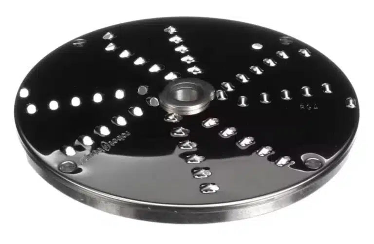 A round, black metal 4mm grating disc with sharp, raised edges and rows of holes for cutting or shredding food. Designed as a Robot Coupe attachment, it features a central hole for mounting on the food processor.