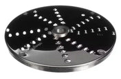 A round, black metal 4mm grating disc with sharp, raised edges and rows of holes for cutting or shredding food. Designed as a Robot Coupe attachment, it features a central hole for mounting on the food processor.