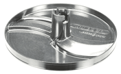 A shiny, circular 0.6mm slicing disc with a raised central hub and two curved grooves. The smooth reflective surface shows stamped lettering and numbers. Designed for use in a Robot Coupe food processor or slicer appliance.