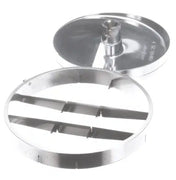 A shiny, silver Robot Coupe food processor slicing disc and its blade attachment. The circular disc has three horizontal blades for slicing or lettuce cut, while the lid works seamlessly with dicing kit accessories. Both parts have smooth, reflective surfaces.