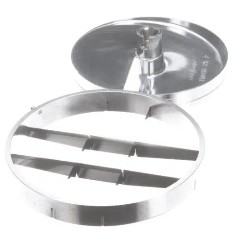 A shiny, silver Robot Coupe food processor slicing disc and its blade attachment. The circular disc has three horizontal blades for slicing or lettuce cut, while the lid works seamlessly with dicing kit accessories. Both parts have smooth, reflective surfaces.