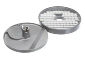 Two round, gray metal discs for a Robot Coupe food processor. One disc has a raised central part with a slicing blade, while the other features a grid of rectangular openings from the Dicing Kit. Both have a central hole for attachment to the machine.