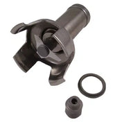 A metal universal joint yoke with a cylindrical shaft, two curved arms, and a central cross-pin. Beside it are a circular rubber O-ring and a small, conical rubber dust seal, similar to components in Bell Cover Assembly for MP 350 & MP 450.