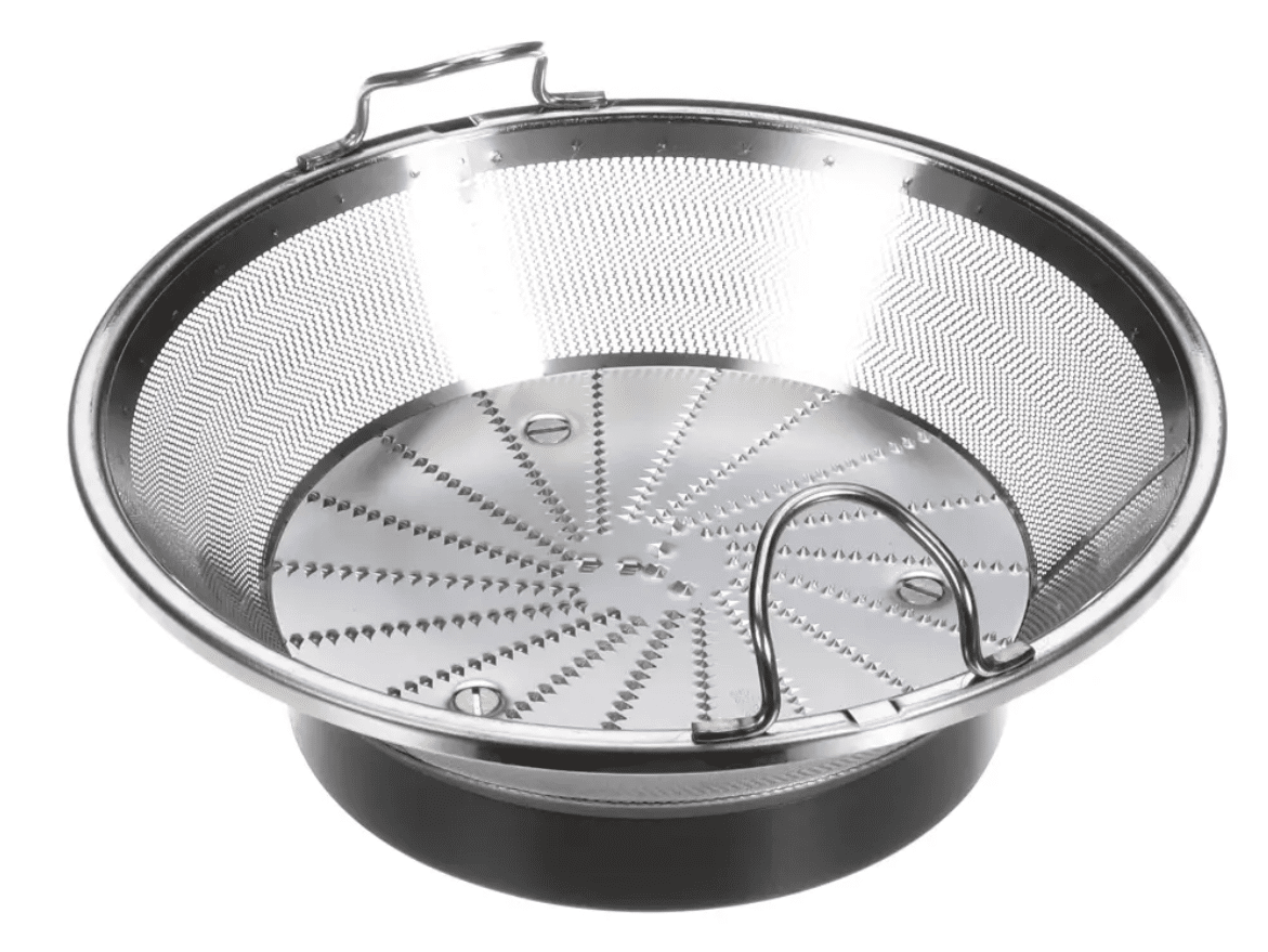 The Robot Coupe Basket Assembly 39910 is a stainless steel juicer strainer basket with fine mesh sides, small grater blades on the flat bottom, and two metal handles. The basket is slightly concave with a shiny finish and a black plastic base rim.