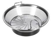The Robot Coupe Basket Assembly 39910 is a stainless steel juicer strainer basket with fine mesh sides, small grater blades on the flat bottom, and two metal handles. The basket is slightly concave with a shiny finish and a black plastic base rim.