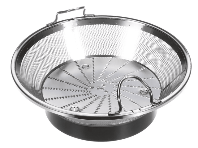 The Robot Coupe Basket Assembly 39910 is a stainless steel juicer strainer basket with fine mesh sides, small grater blades on the flat bottom, and two metal handles. The basket is slightly concave with a shiny finish and a black plastic base rim.