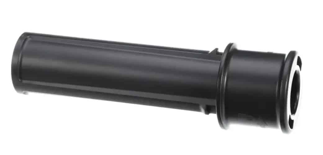 A black cylindrical Exactitube motorcycle throttle tube with a flange on one end and slots for cable attachment on the other, displayed on a white background.