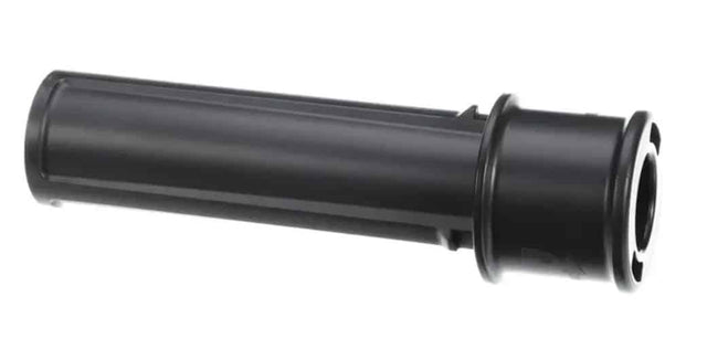 A black cylindrical Exactitube motorcycle throttle tube with a flange on one end and slots for cable attachment on the other, displayed on a white background.