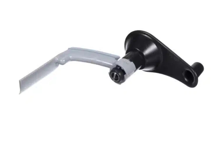 A close-up of a black and gray plastic Scrapper Arm lever with an angled handle and a mounting hole at one end, set against a plain white background. The lever, model R5VV, appears to be a replacement part for household appliance or machinery.