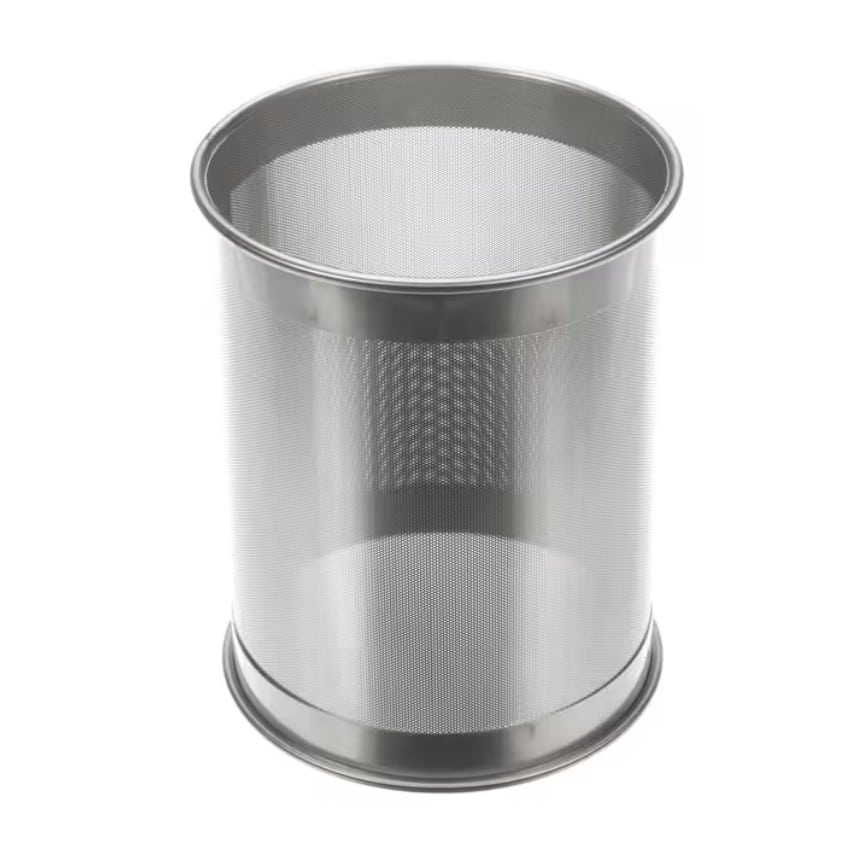 A cylindrical, silver-colored perforated basket wastebasket with solid metal rims at the top and bottom. The mesh sides create a see-through effect, inspired by Robot Coupe’s C80 design, and the basket is empty against a plain white background.