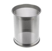 A cylindrical, silver-colored perforated basket wastebasket with solid metal rims at the top and bottom. The mesh sides create a see-through effect, inspired by Robot Coupe’s C80 design, and the basket is empty against a plain white background.