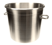 A large, shiny stainless steel stock pot with two sturdy side handles and a wide open top, shown empty on a white background. Its smooth metallic surface resembles the durability of the Robot Coupe 59142 R45 Bowl Assembly.