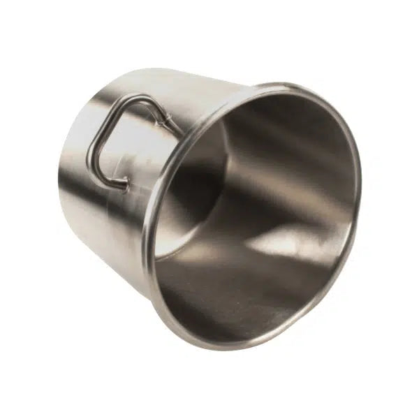A shiny, empty stainless steel Cutter Bowl is pictured tilted at an angle, showing its smooth interior. It has a sturdy metal handle attached to the side. The background is plain white.
