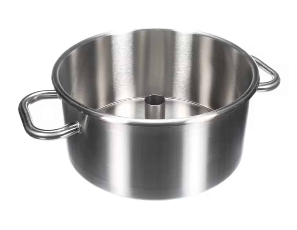 A shiny Robot Coupe stainless steel bowl with two handles and a hollow cylindrical tube rising from the center; the BLIXER 8 pot features smooth, reflective sides and is empty.
