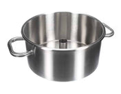 A shiny Robot Coupe stainless steel bowl with two handles and a hollow cylindrical tube rising from the center; the BLIXER 8 pot features smooth, reflective sides and is empty.