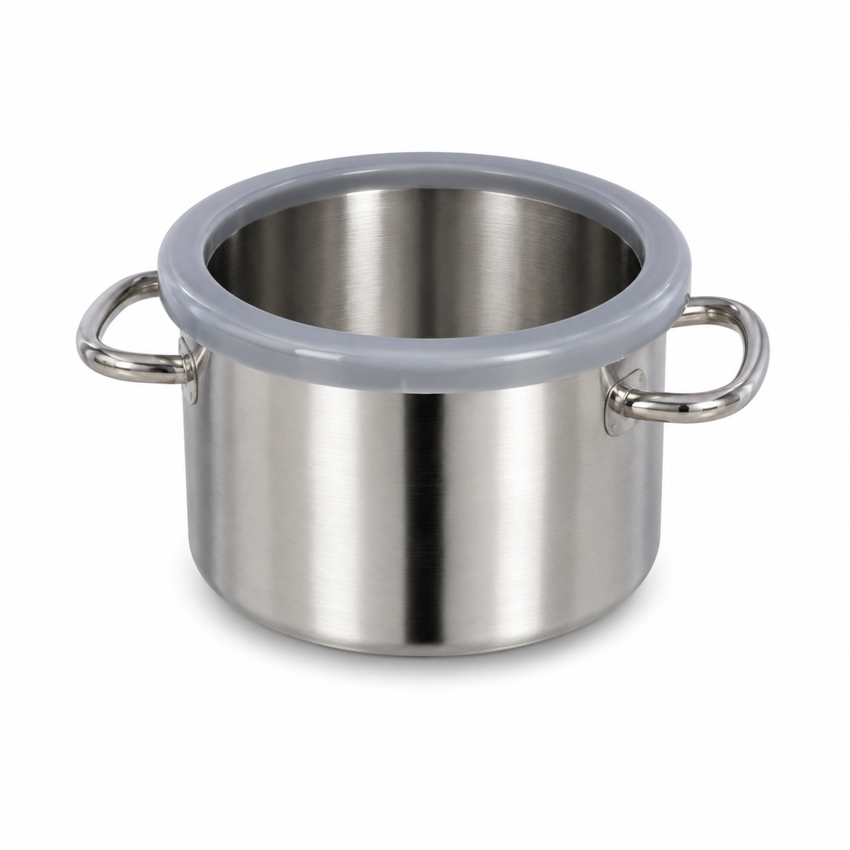 A stainless steel Robot Coupe bowl with two side handles and a wide, round, light gray silicone rim around the top opening. The pot is empty and set against a plain white background.