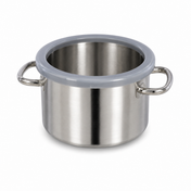 A stainless steel Robot Coupe bowl with two side handles and a wide, round, light gray silicone rim around the top opening. The pot is empty and set against a plain white background.