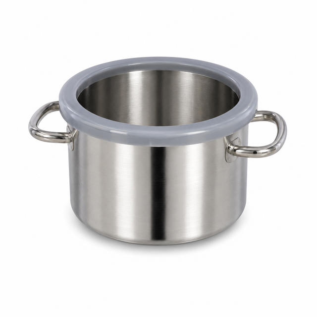 A stainless steel Robot Coupe bowl with two side handles and a wide, round, light gray silicone rim around the top opening. The pot is empty and set against a plain white background.