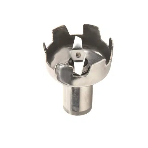 A stainless steel cutting blade assembly with sharp, angled blades in the center, surrounded by a Bell Cover Assembly with four raised notches. The cylindrical base is solid and designed for attachment to immersion blenders.