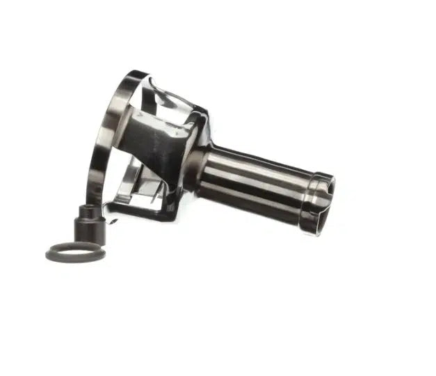 A metallic cylindrical device with a flared, angled funnel-like end rests on its side. This appears to be a Robot Coupe part, featuring a Reinforced MP Bellring. A small cap is attached by a short strap, with a circular rubber washer nearby on the plain white background.