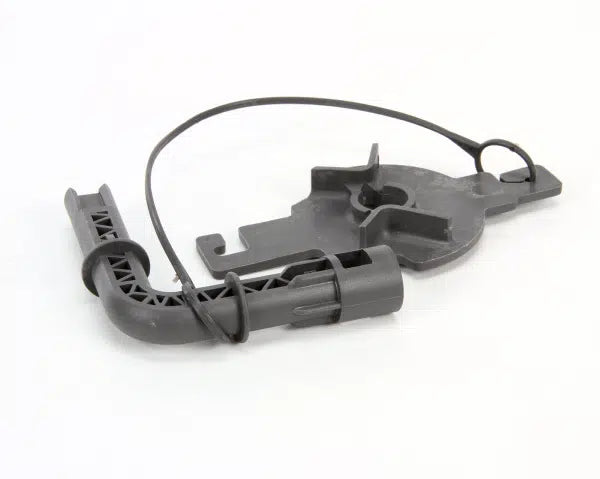 A gray plastic automotive part with angular and curved sections, including a hooked arm and a circular attachment point, rests on a white background. A flexible strap connects two points—similar to a Blade Assembly Tool for Robot Coupe. Part number: 89662.