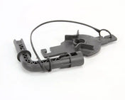 A gray plastic automotive part with angular and curved sections, including a hooked arm and a circular attachment point, rests on a white background. A flexible strap connects two points—similar to a Blade Assembly Tool for Robot Coupe. Part number: 89662.