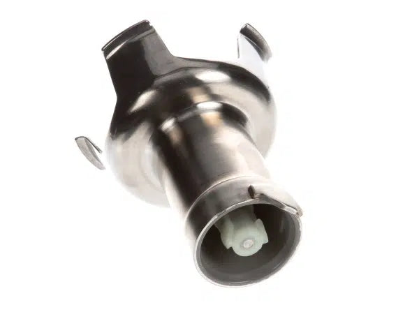 A close-up of a metallic blender blade assembly with two sharp, angled stainless steel cutting blades and a cylindrical base, showing a central white plastic component from an immersion blender, isolated on a white background.