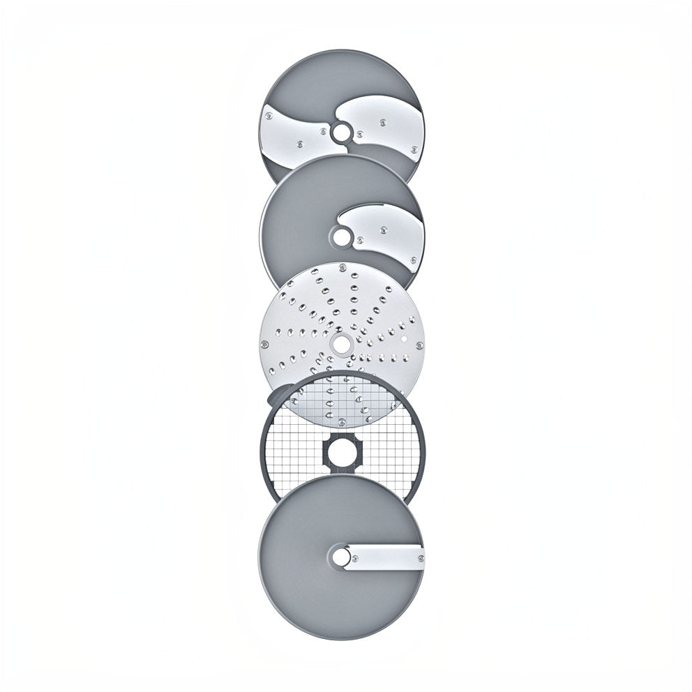 Five round, silver blades for the Robot Coupe CL50 Ultra commercial food processor are arranged vertically on a white background. Each blade features a unique cutting or slicing pattern, perfect for any vegetable preparation machine.