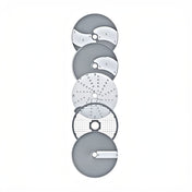 Five round, silver blades for the Robot Coupe CL50 Ultra commercial food processor are arranged vertically on a white background. Each blade features a unique cutting or slicing pattern, perfect for any vegetable preparation machine.