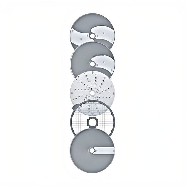 Five round, silver blades for the Robot Coupe CL50 Ultra commercial food processor are arranged vertically on a white background. Each blade features a unique cutting or slicing pattern, perfect for any vegetable preparation machine.