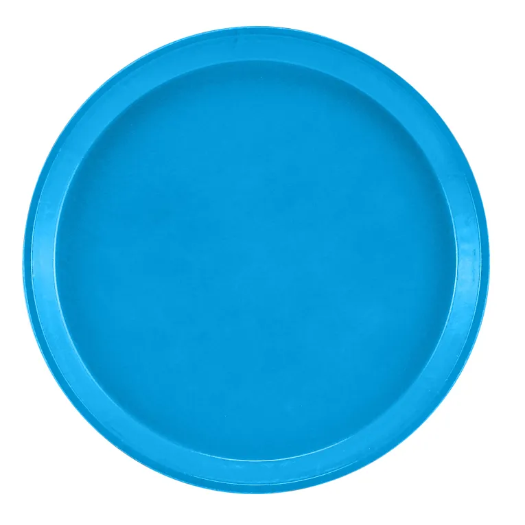 A round, flat, solid blue Serving Camtray with a slightly raised edge is shown against a white background. Made of durable fiberglass, this tray is dishwasher safe and uniformly colored without any patterns or designs.