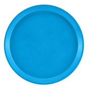 A round, flat, solid blue Serving Camtray with a slightly raised edge is shown against a white background. Made of durable fiberglass, this tray is dishwasher safe and uniformly colored without any patterns or designs.