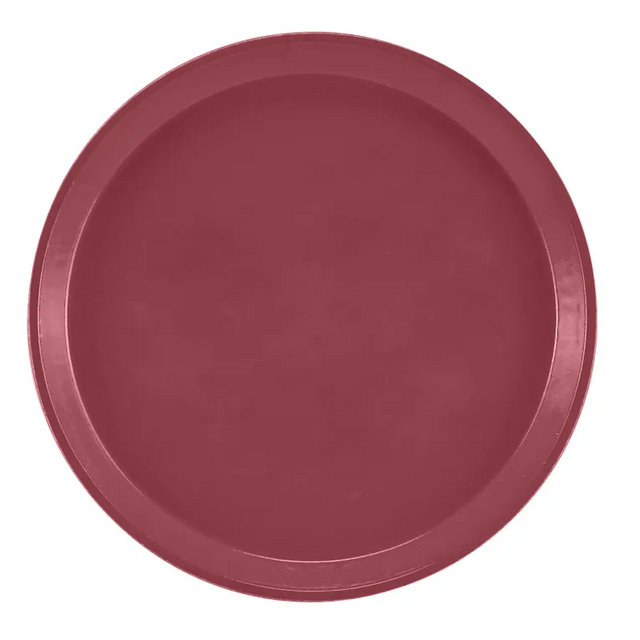 A round Serving Camtray with a deep red color and a slightly raised edge, shown from above against a white background. This smooth, unadorned fiberglass tray is both stylish and dishwasher safe.