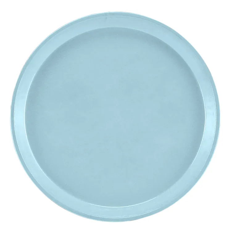 A round, flat, light blue fiberglass tray with a slightly raised rim is shown from a top-down view against a white background. The smooth surface and simple design give this dishwasher safe Serving Camtray a clean, minimalist appearance.