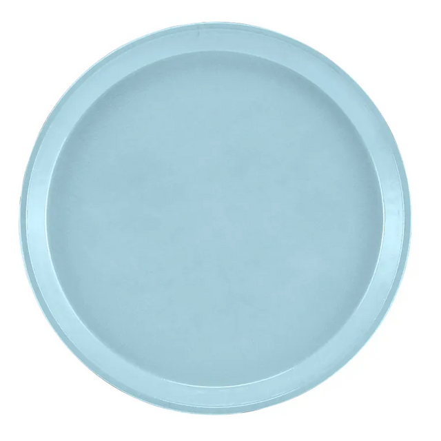 A round, flat, light blue fiberglass tray with a slightly raised rim is shown from a top-down view against a white background. The smooth surface and simple design give this dishwasher safe Serving Camtray a clean, minimalist appearance.