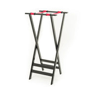 A black folding tray stand with a hardwood mahogany finish and two red nylon support straps across the top. The X-shaped frame features two horizontal slats at the base for added stability. Background is plain white.