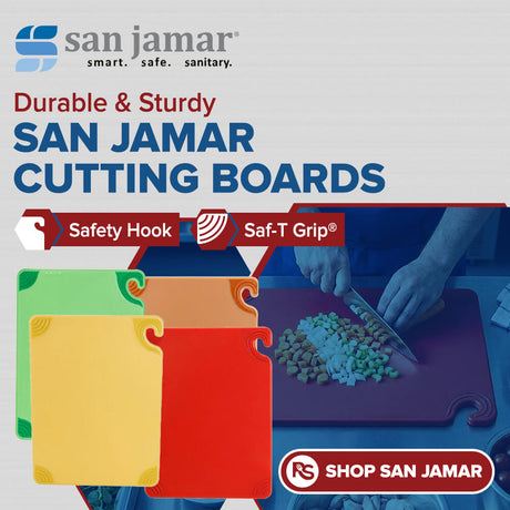 San Jamar color-coded commercial cutting boards for safe and sanitary food preparation