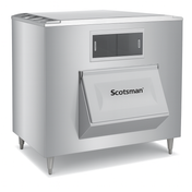 A commercial Upright Ice Storage Bin by Scotsman, crafted from stainless steel, with a hinged front door, rectangular viewing window, and four short legs. This sleek bin boasts a modern design and 1100 lb capacity for foodservice or hospitality settings.