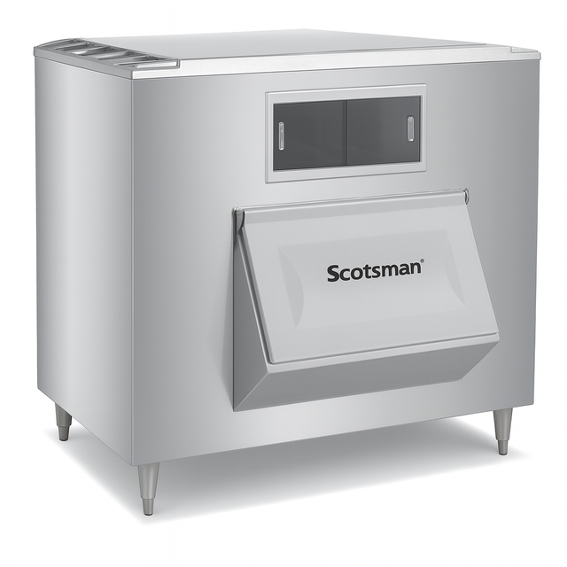 A large, rectangular stainless steel ice bin, this Upright Ice Storage Bin features four short legs, a ridged top for top mounted ice makers, a small window, and a prominent angled front door displaying the Scotsman logo.